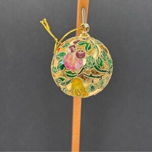 Vintage GANZ Cloisonné Metal Enamel Gold Christmas Ornament Floral Fruit 2 In